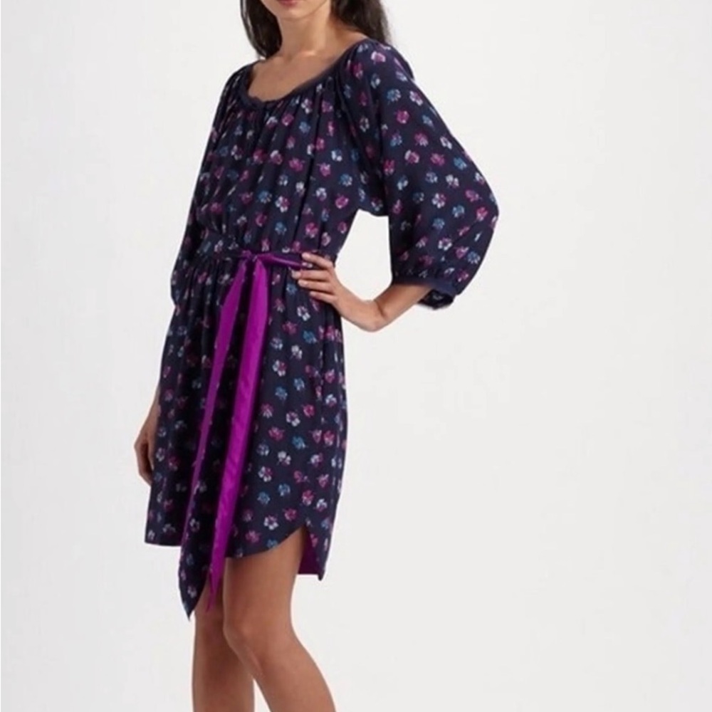 Rebecca Taylor Navy Floral Midi Dress with Purple Sash